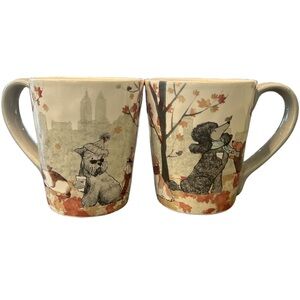 Pier 1 set of two mugs Park Avenue puppies whimsical fall NYC skyline retired